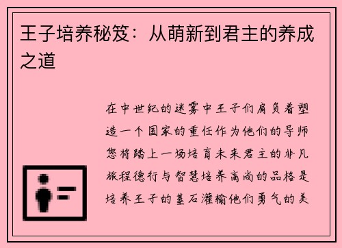 王子培养秘笈：从萌新到君主的养成之道